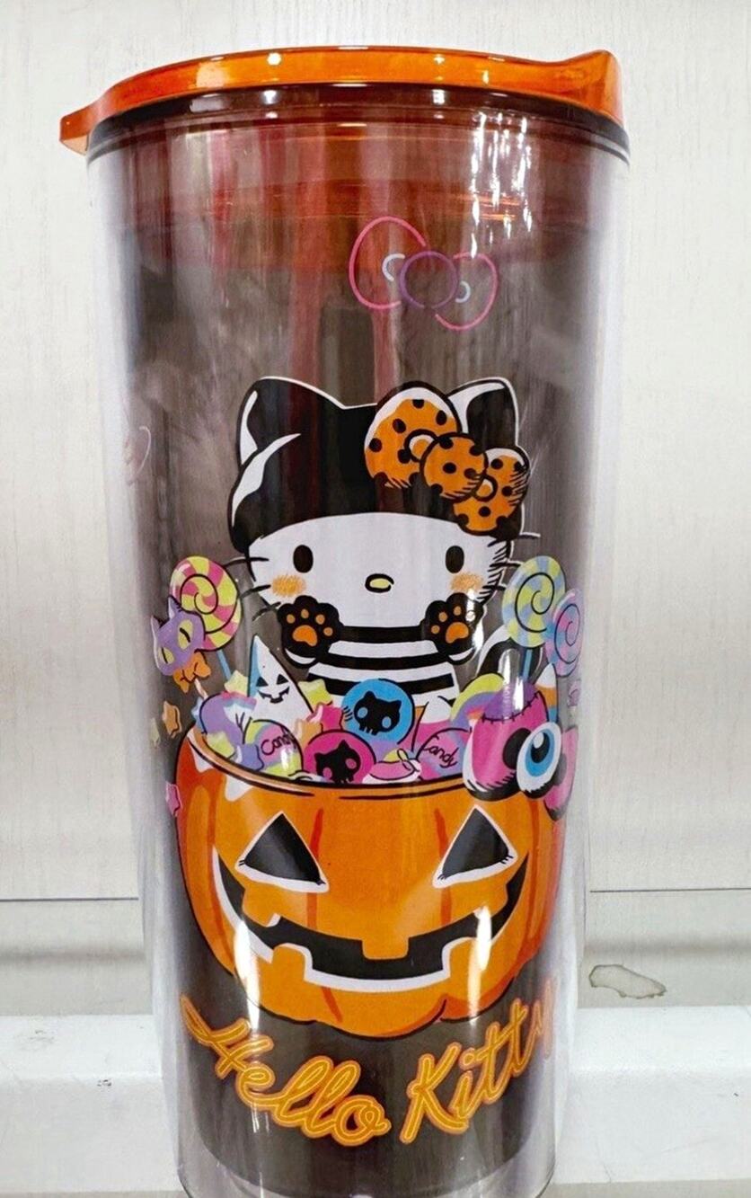 Hello Kitty Halloween 16 fl oz Insulated Plastic Tumbler w/ Lid Orange/Black